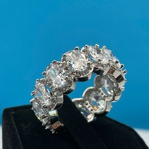 Beautiful Statement Oval Cut Eternity Halo Diamond CZ Silver Plated Band Ring